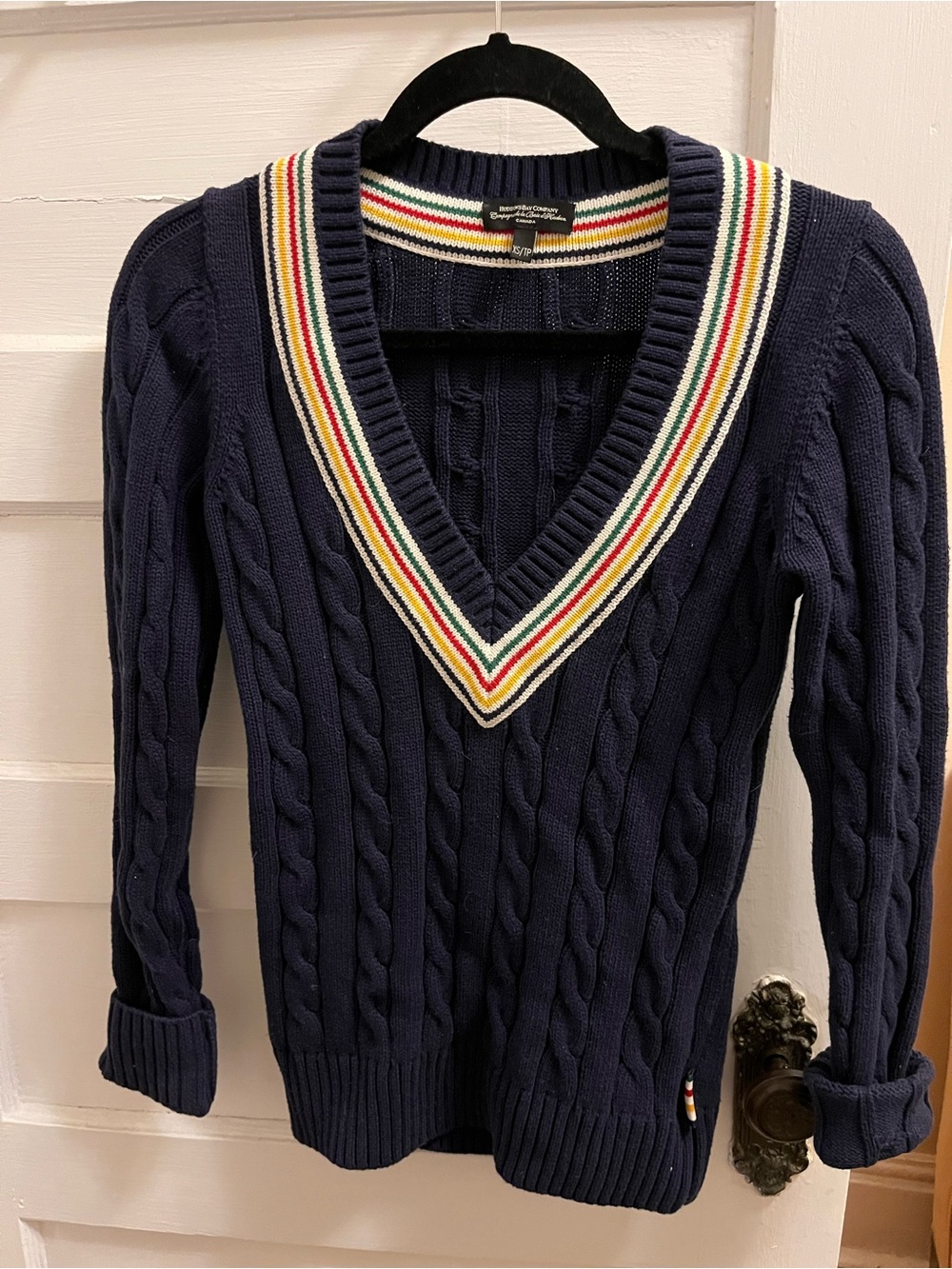 Rare Hudson’s Bay Company Cable-Knit Sweater with Classic HBC Striped Trim